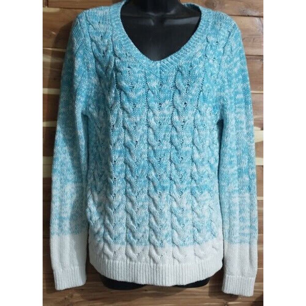 Liz Claiborne Blue White Ombre Heavy Cable Knit V Neck Pullover Sweater Large